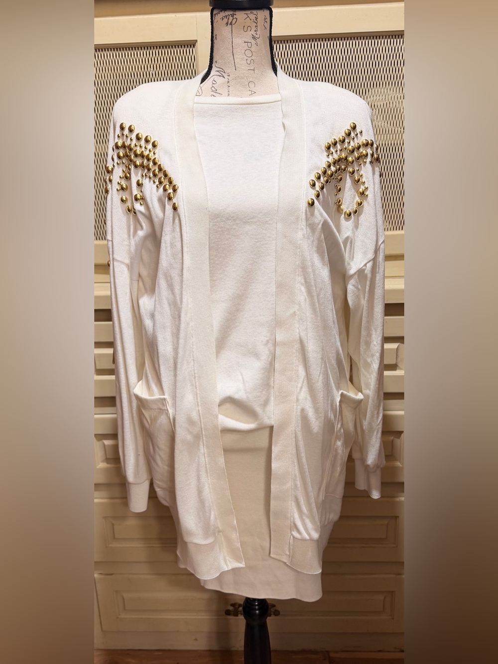 VTG 80s Cache Cream 2Pc Dress Cardigan Set Gold Studded Tassel One Size